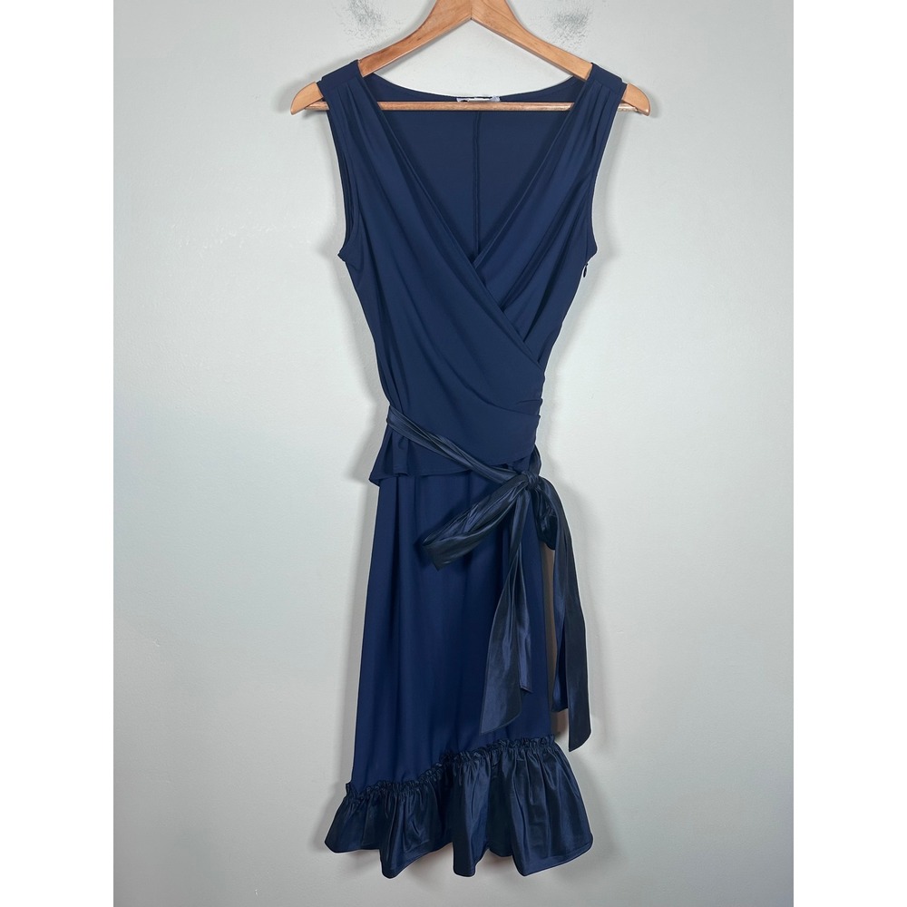 Vera Wang Wrap Dress Womens 6 Navy Blue Silk Trim Ruffle Cocktail Formal